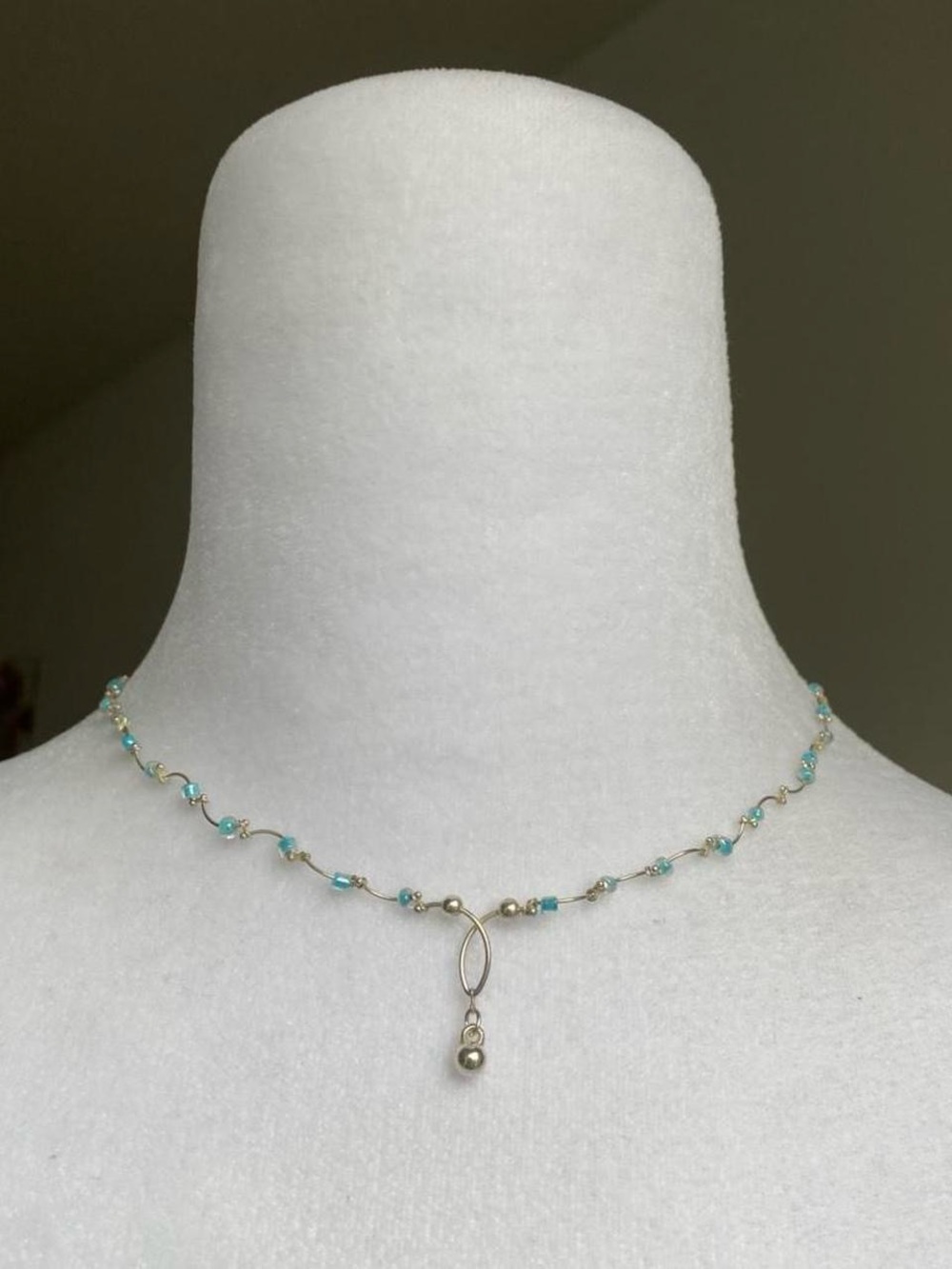 Vintage Y2K Silver Blue Bead Wavy Lariat Y Necklace Dainty Beach Summer Mermaid